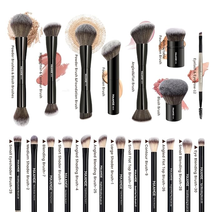 MAANGE 20 PCS Makeup Brush Set with Bag, Double-ended Kabuki Brush Foundation Contour Brush for Liquid Powder Concealer Eye Shadows Cream Cosmetics Blending Blush Face Makeup Tools with Case (Black)