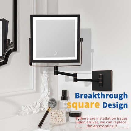 Ruacq Rechargeable Wall Mounted Makeup Mirror with Lights, Double Sided 1X/10X Magnifying Vanity Mirror with 3 Color Lights, Touch Screen Dimmable, 360° Rotation Foldable Arm (Oil Rubbed Bronze)
