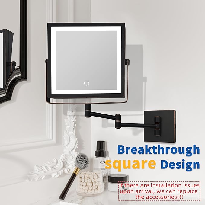 Ruacq Rechargeable Wall Mounted Makeup Mirror with Lights, Double Sided 1X/10X Magnifying Vanity Mirror with 3 Color Lights, Touch Screen Dimmable, 360° Rotation Foldable Arm (Oil Rubbed Bronze)