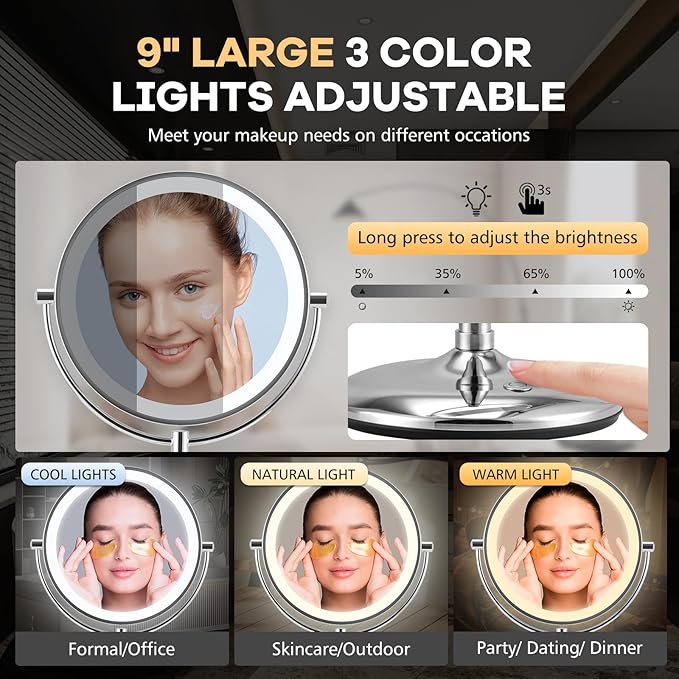 15x Makeup Mirror with Light, Lighted Vanity Mirror with 3 Color Brightness Adjustable, 360°Rotation Double Side Bathroom Mirror -Chrome