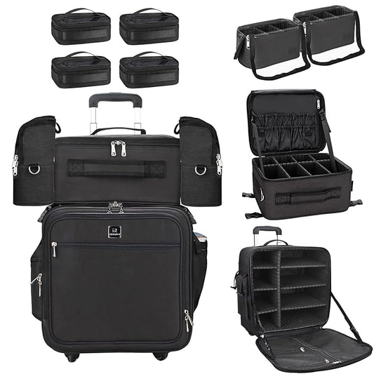 Relavel Rolling Makeup Case Professional Makeup Train Case Makeup Artist Travel Organizer 5 in 1 with Detachable Cosmetic Case and Dual Makeup Brush Case and Wheels (Black, 4-Pack)