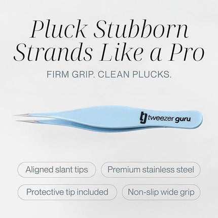 Tweezer Guru Ingrown Hair Tweezers - Pointed Precision Tweezers for Eyebrows & Ingrown Hair Removal - Blackhead and Splinter Tweezer with Sharp Needle Nose Point (Black + Sky Blue, 2 Piece Set)