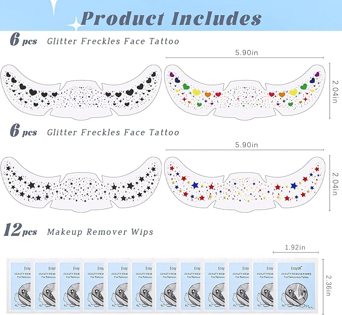 12pcs Rich Rainbow Color Glitter Freckles Face Tattoo, Waterproof Long Lasting Multicolor Speckles Patches for Women Kids, Cute Heart&Star Temporary Tattoo Makeup Rave Accessories for Festival