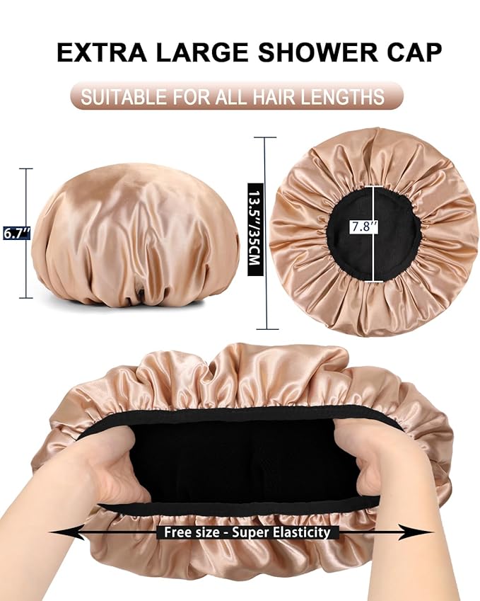 YIZIJIZI Triple Layer Reusable Waterproof Shower Cap for Women Large Terry Lined Hair Cap for Long Thick Hair Travel Bath Care khaki