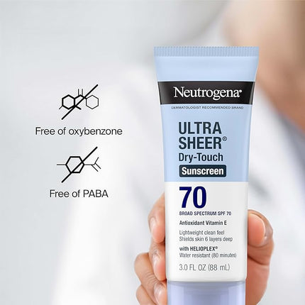 Neutrogena Ultra Sheer Dry-Touch Sunscreen Lotion SPF 70, Broad Spectrum, Water Resistant 80 Min, Oil-Free, Oxybenzone-Free, Non-Comedogenic, Matte Finish, Body Sunscreen, Travel Size 3 Fl Oz