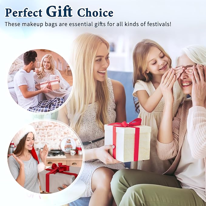 VIWIME Makeup Cosmetic Bag, Large Cotton Quilted Travel Coquette Aesthetic Cute Floral Make up Bag for Women Toiletry Bag Organizer (205- Sky Blue/ 4Pcs)