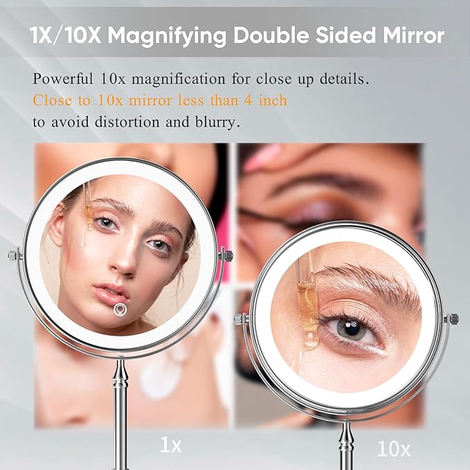 Nicesail Desk Mirror with Light 1X/10X Magnifying with 3 Color Dimmable Lights Desk Mirror, Cordless 360 Rotation 4000mAh Rechargeable, Double Sided Mirror for Desk, 8 Inch Standing Chrome Finish