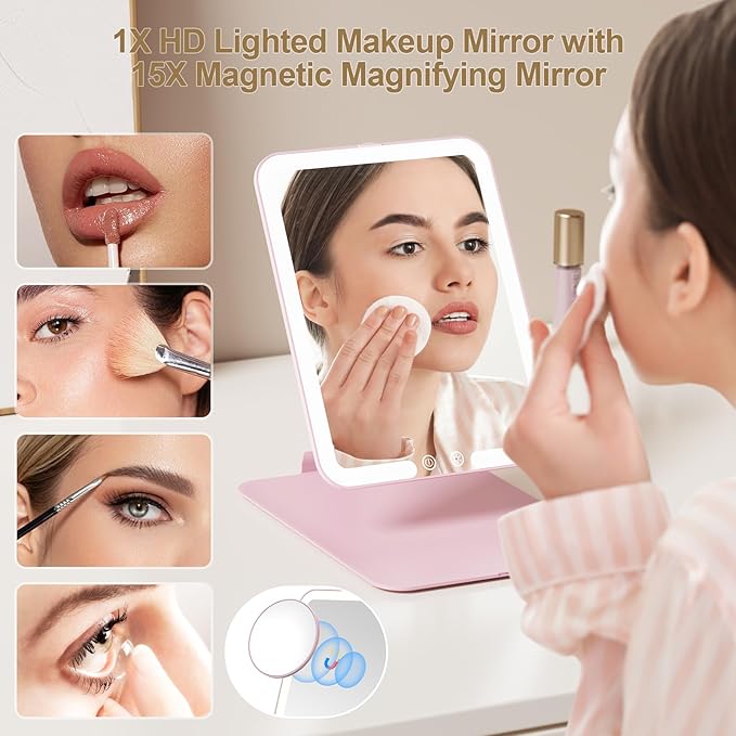 Benbilry Travel Makeup Mirror with Light, 15X Magnifying Mirror & 3 Color Modes, 1800mAh Rechargeable, Adjustable Height/Angle Stand, Foldable LED Vanity Mirror for Tabletop (Pink)