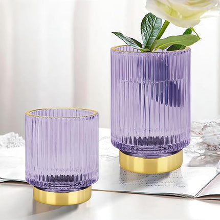 DASITON Makeup Brush holder Organizer,Crystal Cosmetic Makeup Brush Glass Brushes Storage Holder, Vintage Make Up Brush Cup Pen Pencil Holder striped vase(Purple L)