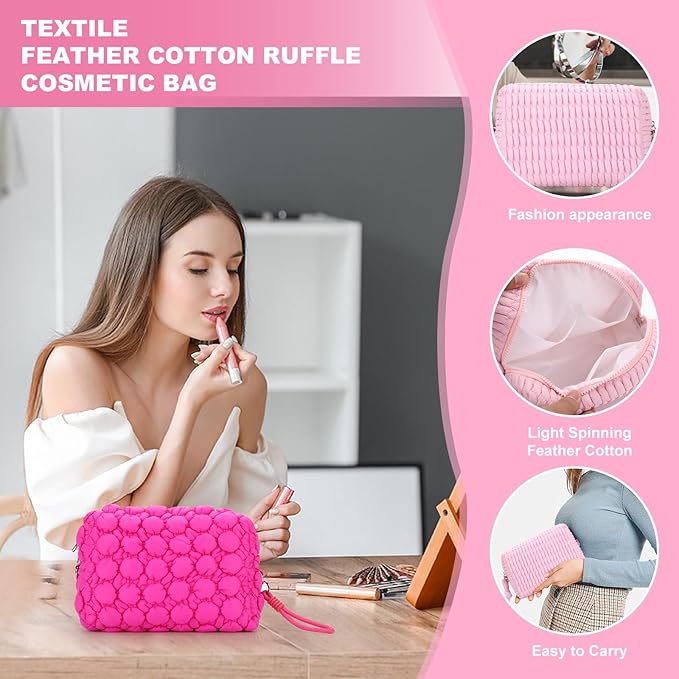 Quilted Ruffle Makeup Bag, Travel Toiletry Organizer for Women with Wrist Strap, Cute Aesthetic Cosmetic Bag for Daily, Work, Ideal Gift (HOT PINK)