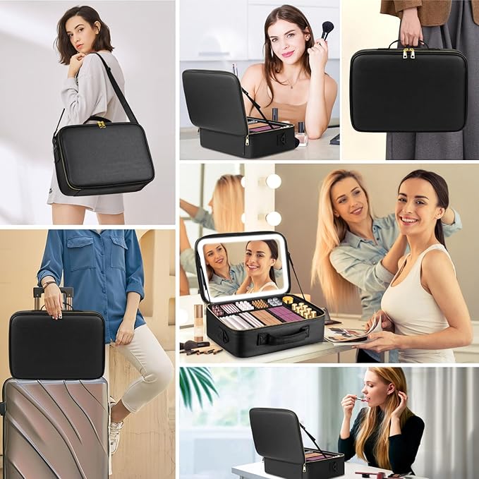 15“×11“Professional Makeup Train Case,Large Waterproof Travel Makeup bag with Mirror and Light, Leather Black Make up Bag with Mirror and Light,Led Makeup Case with Adjustable Dividers