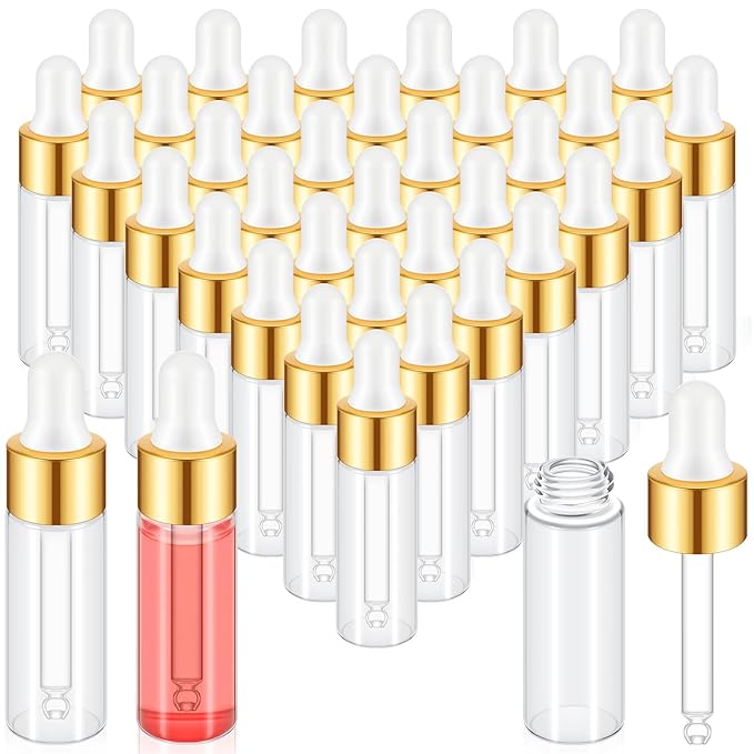 200 Pcs Mini Glass Oil Dropper Bottle Bulk, Clear Essential Small Empty Bottles Sample Containers Perfume Liquid Vials with Cap for Traveling (5 ml,Gold)