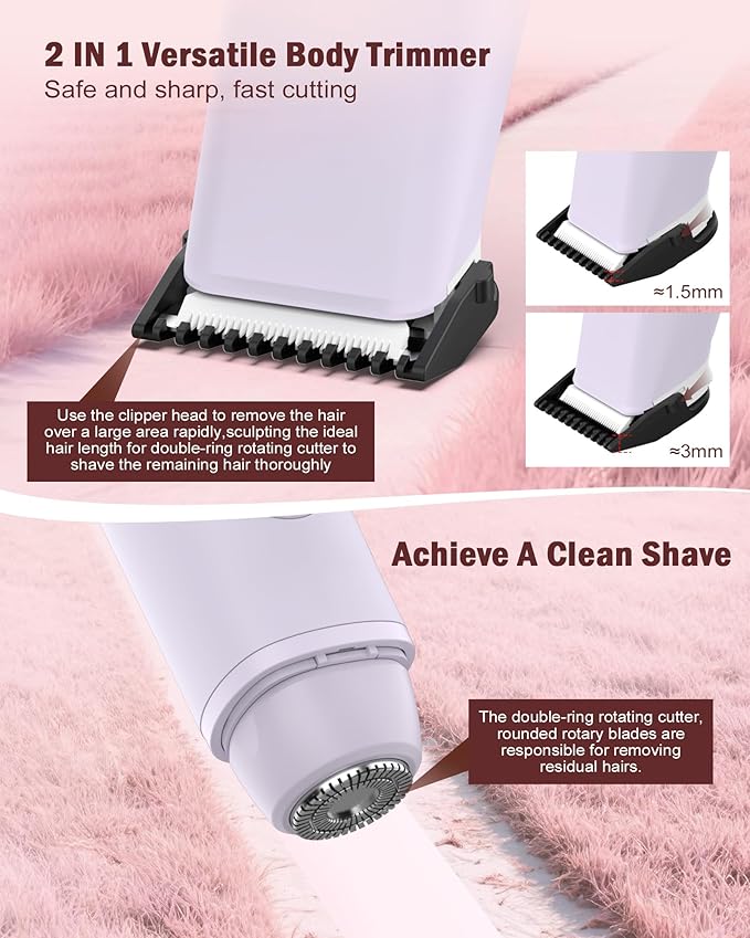 2 in 1 Women Electric Shaver - Dual Head Bikini Trimmer for Women Waterproof Wet & Dry Use Body Hair Trimmer and Facial Hair Remover, Painless Razors for Bikini Underarm Leg Arm Body Face, Purple