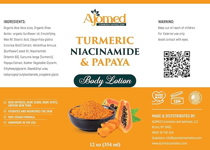 Turmeric body Lotion– Handmade Niacinamide papaya Turmeric Moisturizer lotion for Dark Spots, Hyperpigmentation, Acne Scars, Evens Tone- Handmade turmeric lotion skincare -All Skin Types (LOTION)