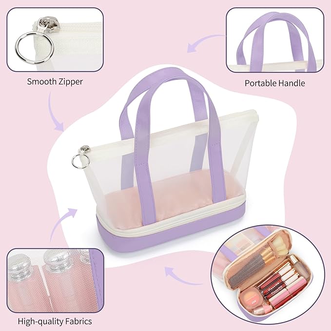 Small Multi-Functional Makeup Bag for Teens and Women Cute Cosmetic Case with Zipper Pouch/Double Handle for Travel Daily Use Multi-Scene Storage - Perfect Christmas or Birthday Gift for Girls-Purple