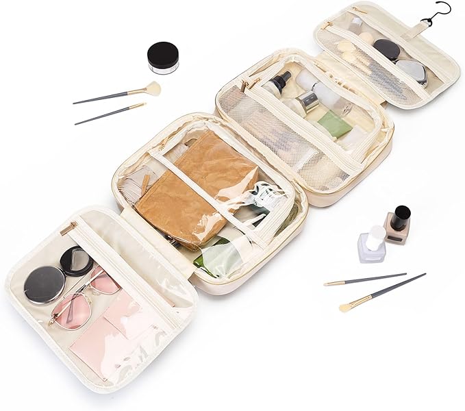 Travel Toiletry Makeup Bag for Women Hanging Toiletry Bag Cosmetic Organizer Make up Bags for Women Travel Makeup Essentials, Beige