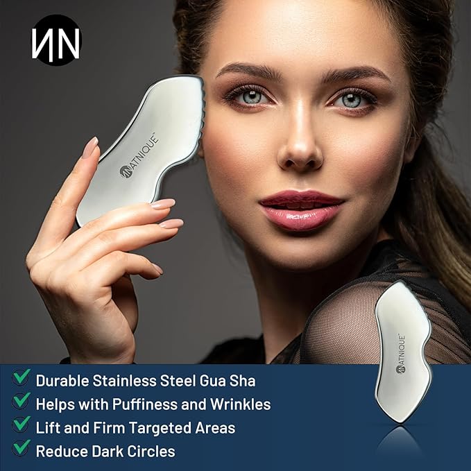 Stainless Steel Gua Sha Tool – Metal Face & Body Massage Tool for Sculpting, Puffiness, Fine Lines, Dark Circles & Cooling Relief – Board Shape with Travel Pouch