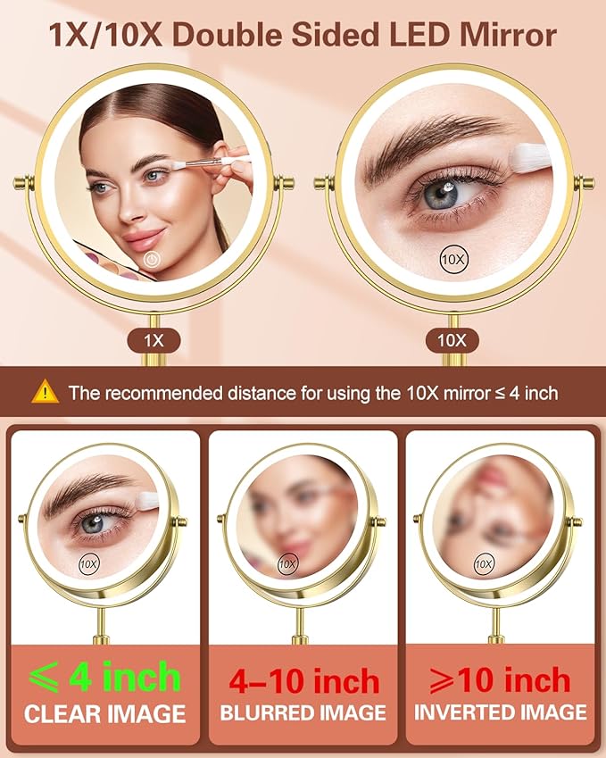 Benbilry Lighted Makeup Mirror with 3 Color Lights & 10X Magnification, Adjustable Brightness & Height, 7 Inch 360° Swivel Rechargeable 10X LED Magnifying Vanity Mirror with Light, Gold
