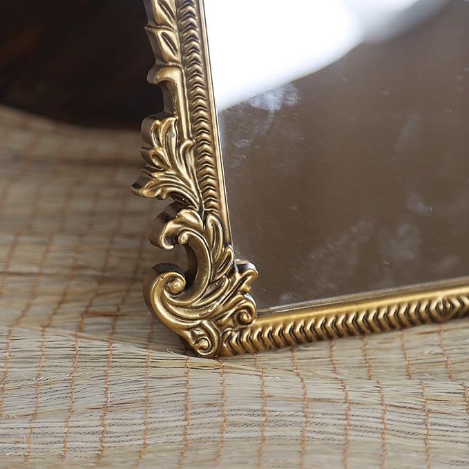 Vintage Bronze Vanity Makeup Bronze Desk Mirror - Antique Gold Finish - Elegant Wood Framed Standing Carved Mirror for Living Room, Bedroom, and Tabletop - 11.8" x 9.6" - Classic Chic Arch Design