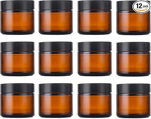 KOIBITO 2 Oz Amber Round Glass Jars with Black Lid, Empty Glass Containers with Inner Liners, Refillable Cosmetic Vials for Cream, Lotion, Ointment (12 PCS)