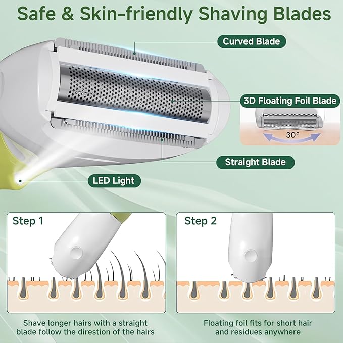 Electric Razors for Women, 4-in-1 Painless Shaver for Face, Bikini, Body & Underarms, Waterproof Cordless Foil Shaver for Wet/Dry Use with LED Light, USB Charging, Travel Bag