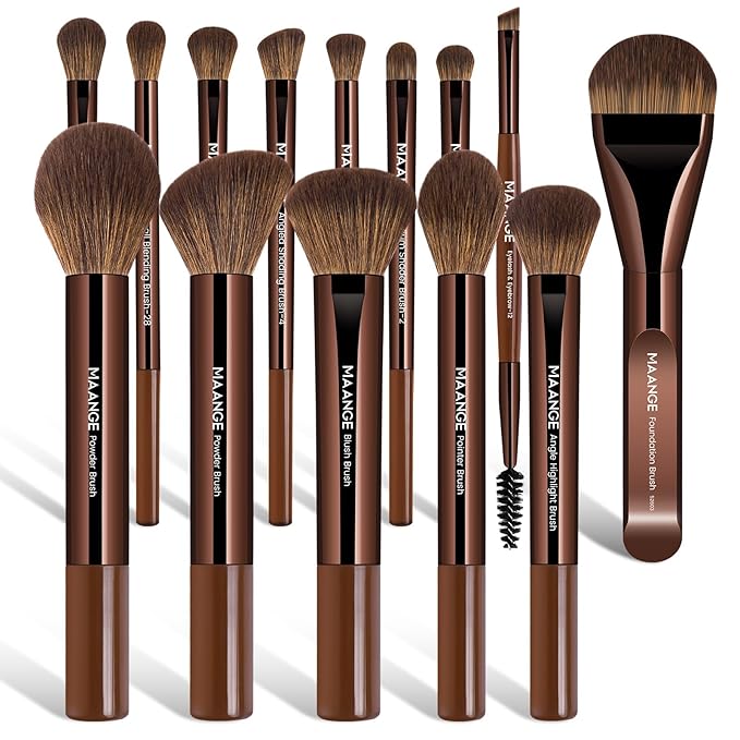 MAANGE 14-Piece Makeup Brush Set with Aluminum Ferrule- Premium Synthetic Makeup Brushes Kit Foundation Powder Brush Eye Shadow for Beginners & Professionals(Dark Coffe)