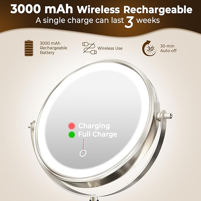 8" Wall Mounted Lighted Makeup Mirror, 3000mAh Rechargeable Double Sided 1X/10X Magnifying Mirror with Hook, 3 Color Lights Touch Dimmable 360° Rotation Vanity Mirror for Bathroom