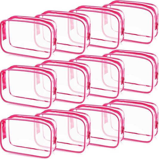 Weewooday 12 Pieces Clear Makeup Bags Cosmetic Storage Bags PVC Zipper Pouches Travel Waterproof Makeup Plastic Case for Women Organizing Toiletries Traveling Bathroom(Large,Rose Red)