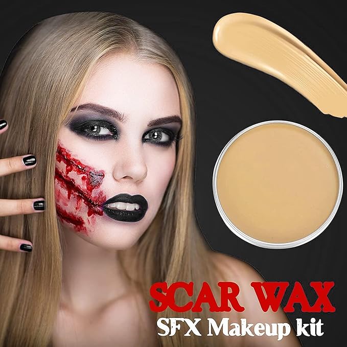 Halloween Sfx Makeup Kit, Special Effects Makeup Kit, Scar Wax with Double-Ended Spatula, Washable Fake Blood, 2 Stipple Sponge, Scab Coagulated Blood Gel, Realistic (Blood Red)