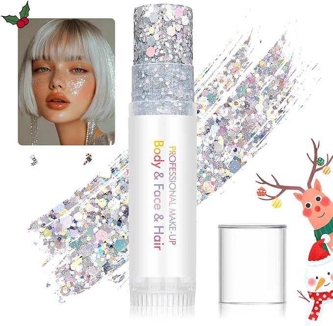 Christmas Body Glitter Stick Glod Face Glitter Silver Hair Glitter Christmas Face Paint Rave Makeup Glitter Festive Face Gems Halloween Fine Chunky Glitter Stick for Women Girls 2Pack