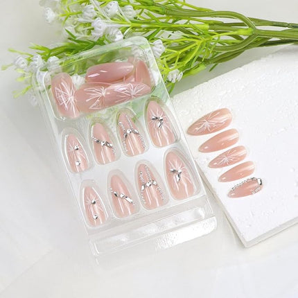 Almond Press on Nails Medium Fake Nails Nude Pink Nails Press ons with 3D Rhinestones Silver Pearl Designs Acrylic Nail Glossy Stick on Nail for Women 24 Pcs