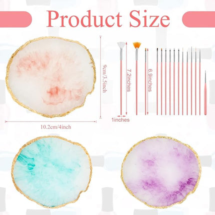 Blulu 18 Pcs Nail Art Brushes Tools,3 Pcs Resin Nail Art Palette with 15 Brushes Gold Edge Polish Mixing Palette Equipment Set for DIY Home Salon Makeup Display Board