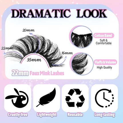 Losha 22mm Lashes Fluffy Eyelashes 5D Dramatic Long False Eyelashes Volume Faux Mink Lashes Wispy Fake Lashes that Like Lash Extensions 4 Pairs (Lifted)