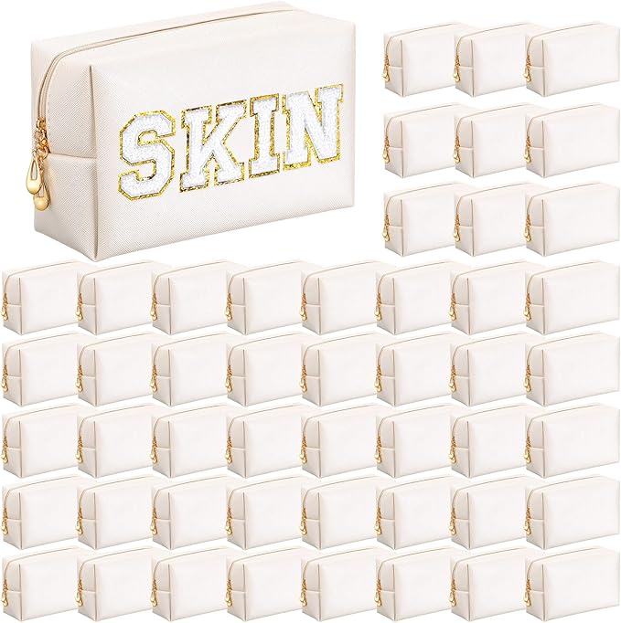 Cunno 50 Pcs Makeup Bag Bulk PU Leather DIY Cosmetic Plain Preppy Makeup Pouch Portable Waterproof Toiletry Bags for Women Travel Pencil Case Cosmetic Organizer, Ivory White