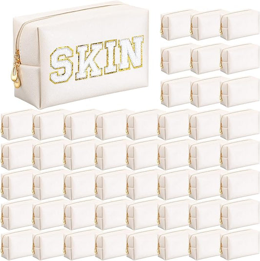 Cunno 50 Pcs Makeup Bag Bulk PU Leather DIY Cosmetic Plain Preppy Makeup Pouch Portable Waterproof Toiletry Bags for Women Travel Pencil Case Cosmetic Organizer, Ivory White