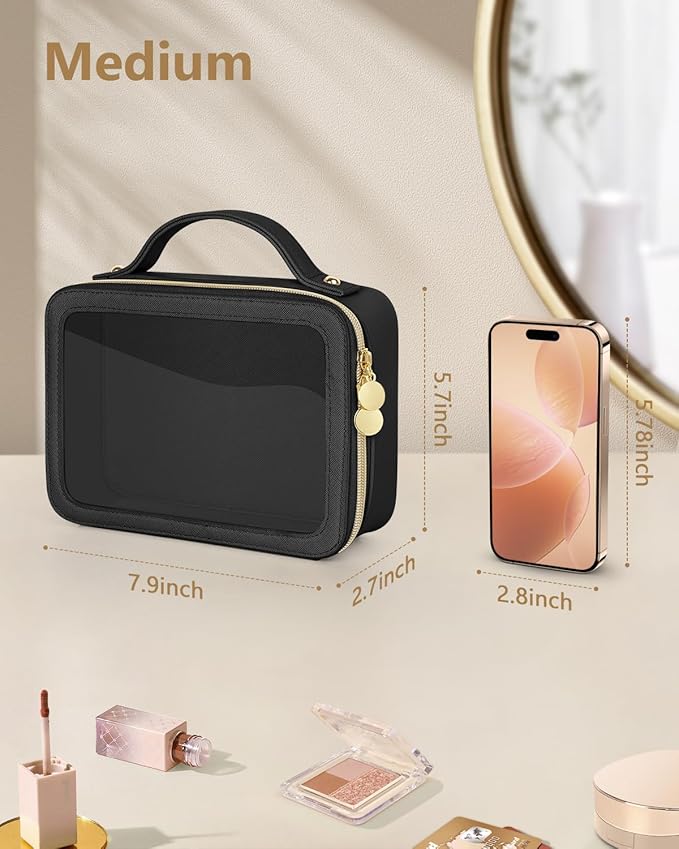 Clear Makeup Bag, Portable Travel Cosmetic Bags, Multipurpose Leather Toiletry Bag with Zipper, Waterproof Transparent Cosmetic Organizer for Women, Medium, Black