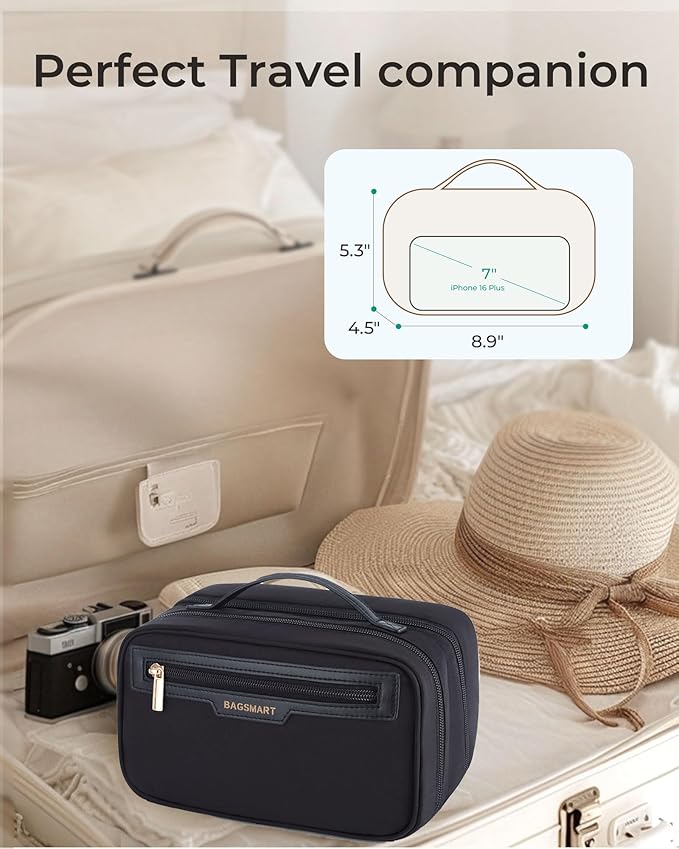 BAGSMART Travel Makeup Bag, Make Up Bag with Multiple Compartments for Organizer, Durable & Compact Cosmetic Organizer for Women for Travel Accessories (Black