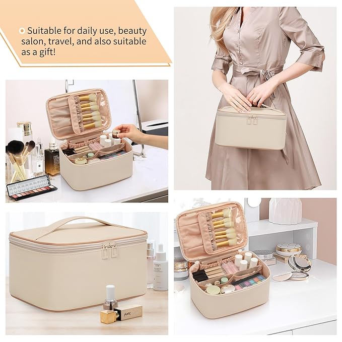 OCHEAL Beige Makeup Bag,Travel Makeup Organizer Bag, Large Capacity Cosmetic Bags For Women Large Travel Toiletry Bag Girls Traveling With Brush Slot And Divider-White