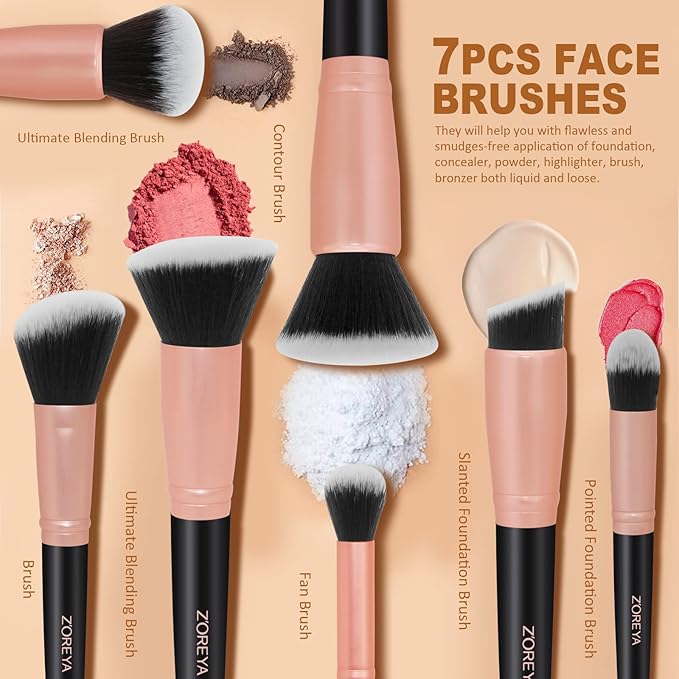 ZOREYA Makeup Brush Set - 15 Pcs Premium Synthetic Foundation Concealers Eye Shadows Make Up Brush,Eyeliner Brushes(RoseGold)