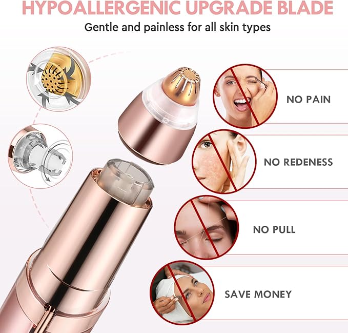 Eyebrow Trimmer for Women, Rechargeable Eyebrow Hair Remover, Painless Electric Razor with 2 x Replacement Heads, Eye Brow and Face Epilator Hair Removal (Rose Gold)