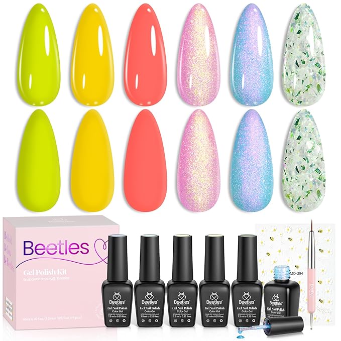 Beetles Gel Nail Polish Set, Yellow Coral Green Glitter Pastel Gel Polish with Bees Stickers 6 Color Summer Buzzy Field Theme for Nail Art Gift for Women