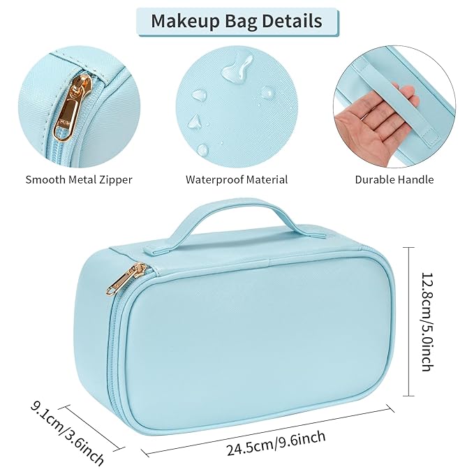OCHEAL Small Makeup Bag,Portable Cute Travel Makeup Bag Pouch for Women Girls Makeup Brush Organizer Cosmetics Bags with Compartment-Blue