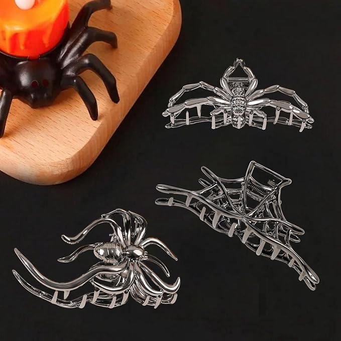 3 Pcs Halloween Hair Claw Clips Hair Accessories for Women Girls, Gothic Black Metal Spider Large Medium Size Catch Clips for thick Hair Styling Tool Holiday Gifts(Black Gun)