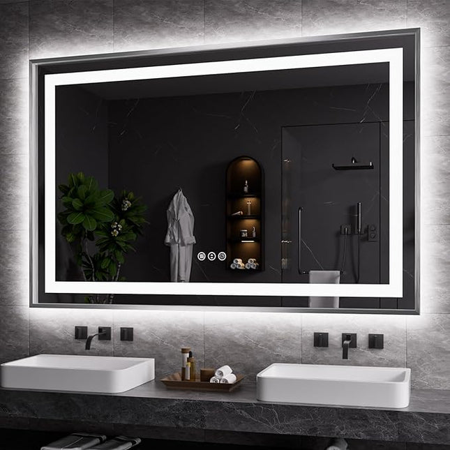 Amorho LED Bathroom Mirror, 55"X36" Brushed Nickel Framed Mirror with Front Light and Backlit, Stepless Dimmable, Anti-Fog, Shatter-Proof, Memory, 3 Colors