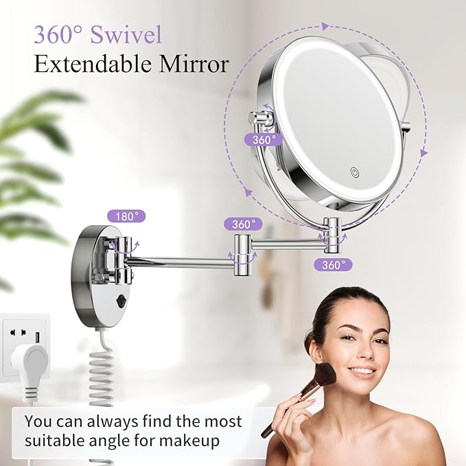 Wall Mounted Makeup Mirror with Lights, Magnifying Mirror 10X/1X Double-Sided, Plug-In Vanity Mirror with 3 Color Lights & Brightness Dimmable, 360°Swivel Extendable Mirror for Grooming & Shaving