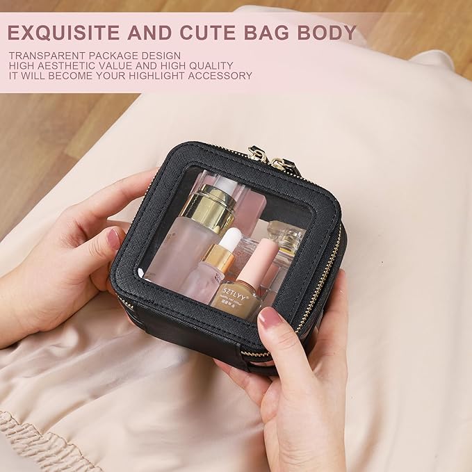 Pinkmik Clear Small Makeup Bag Mini Cosmetic Makeup Case & Toiletry Bag with Zipper,Cute Purse Organizer,Car Essentials for Women (Black, MINI-2)