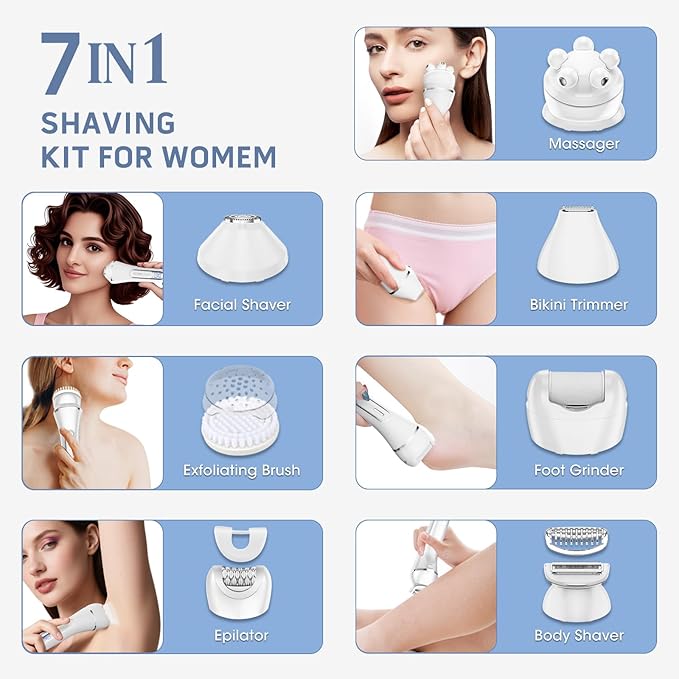 Electric Shavers for Women, 7 in 1 Hair Removal Kit with Epilator Bikini Trimmer Face Razor Body Brush Face Massager Foot Callus Remover, IPX7 Waterproof Lady Razors Set for Legs Armpit Bikini Pubic