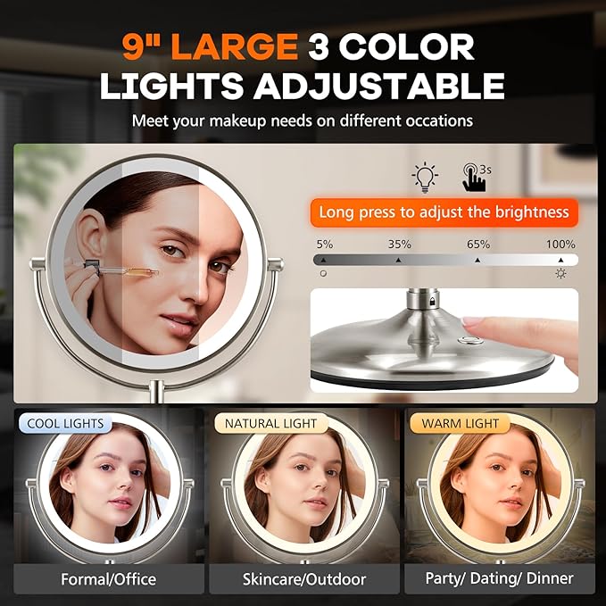 M MIVONDA Makeup Mirror with Lights,1X/15X Brushed Nickel Large Magnifying with Light, 360°Double Side Mirror,3 Color Lights & Adjustable Brightness Vanity Mirror,Gift for Christmas Day
