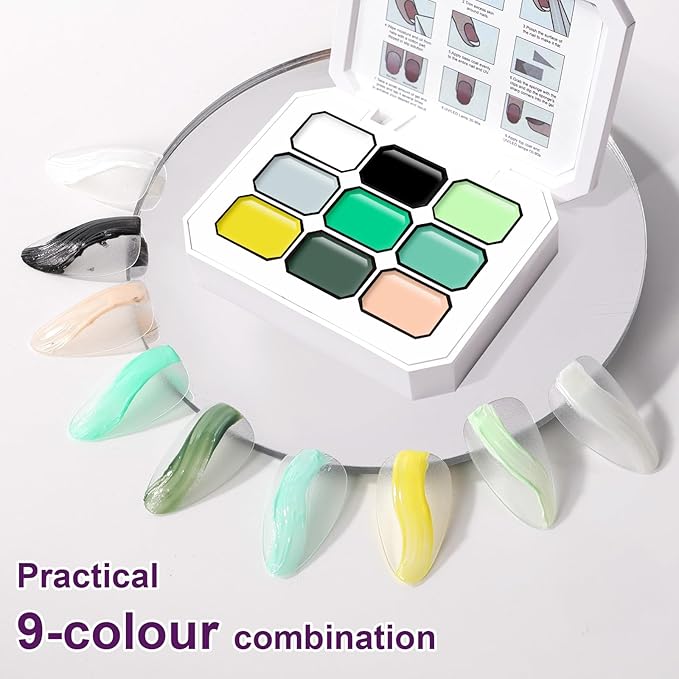 Gradient Painting Gel, 9 Colors Ombre White Black Green Nail Polish for 3D Nail Sculpting Gel Pigment Pat Nails Aura, French Manicure DIY Nail Art Long-lasting No-wipe Palette