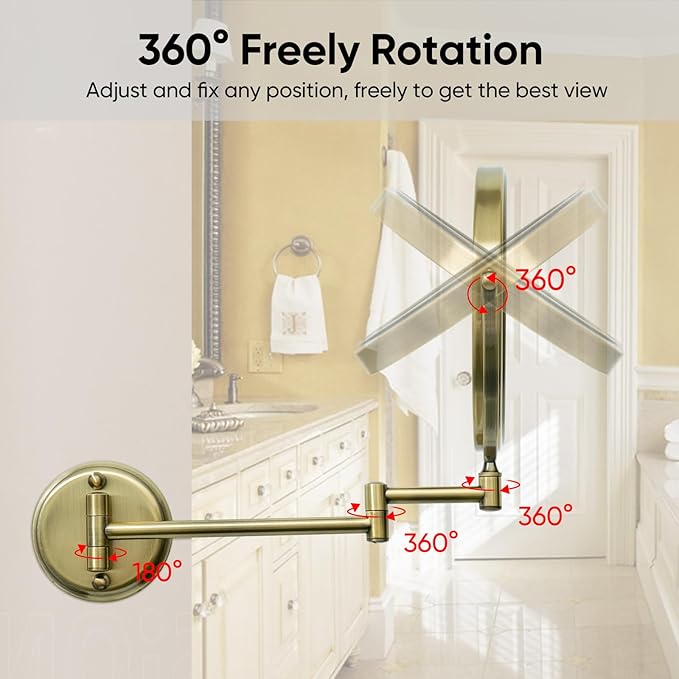 GURUN 8" Wall Mounted Makeup Mirror with 10X Magnification,Two-Sided Swivel Bathroom Mirror,Antique Satin Brass Finish M1306K(8in,10x)